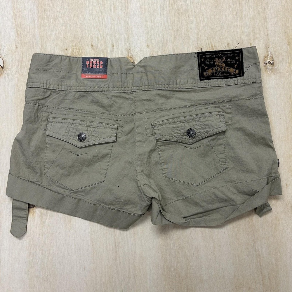 Y2K Toxic Micro Shorts Womens 9 Green Twill Cargo Utility D Ring Strap Belted